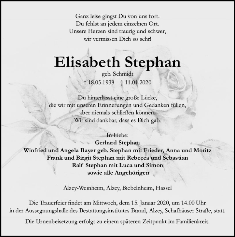  Traueranzeige für Elisabeth Stephan vom 13.01.2020 aus vrm-trauer
