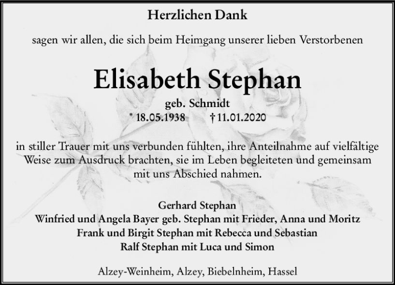  Traueranzeige für Elisabeth Stephan vom 29.01.2020 aus vrm-trauer