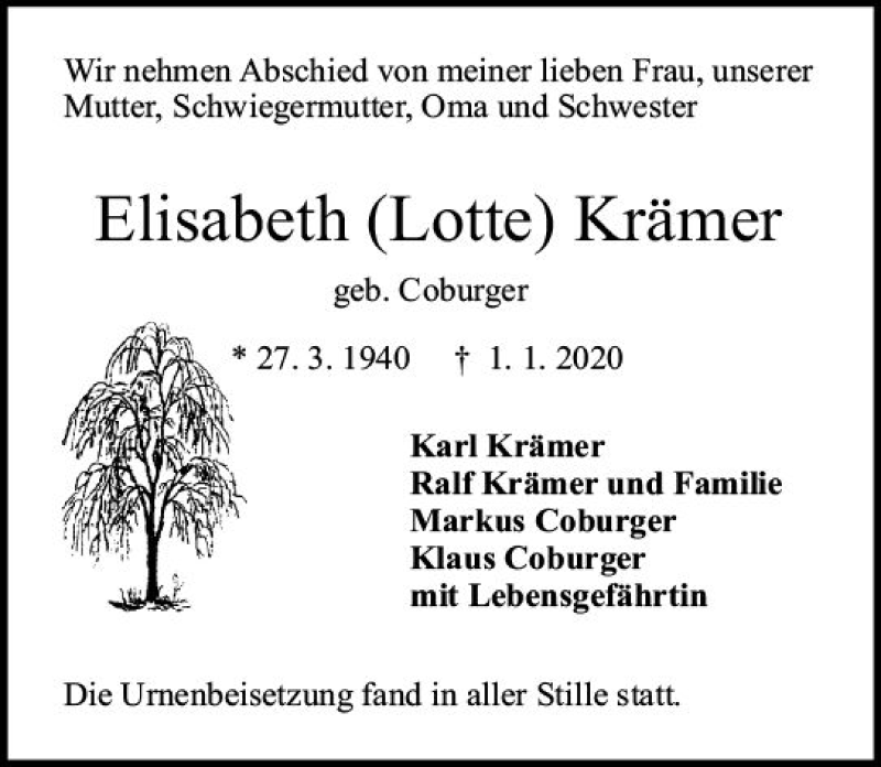  Traueranzeige für Elisabeth Lotte Krämer vom 18.01.2020 aus vrm-trauer