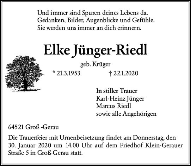  Traueranzeige für Elke Jünger-Riedl vom 28.01.2020 aus vrm-trauer