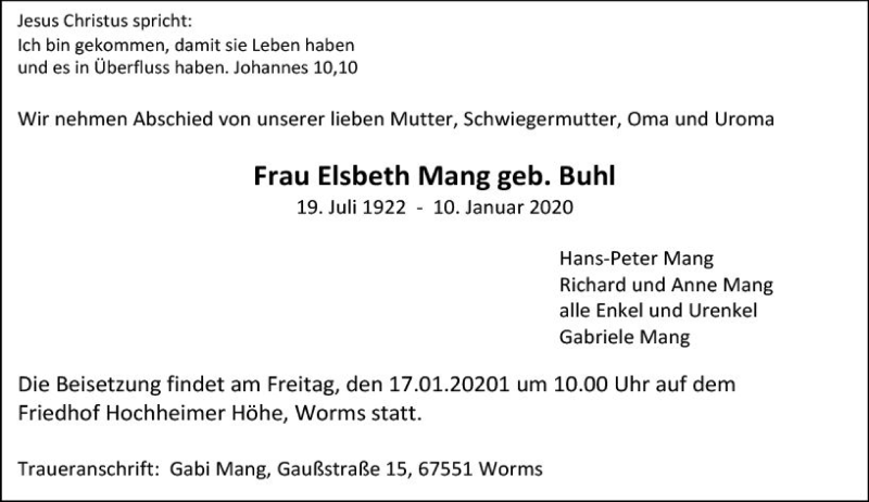  Traueranzeige für Elsbeth Höhe Worms Mang vom 15.01.2020 aus vrm-trauer
