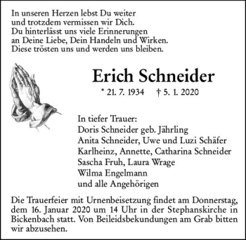 Traueranzeige von Erich Schneider von vrm-trauer