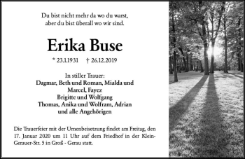 Traueranzeige von Erika Buse von vrm-trauer