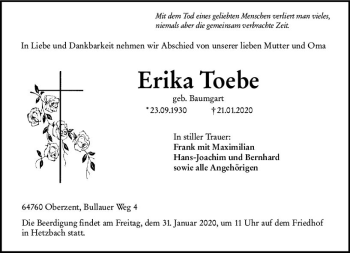 Traueranzeige von Erika Toebe von vrm-trauer
