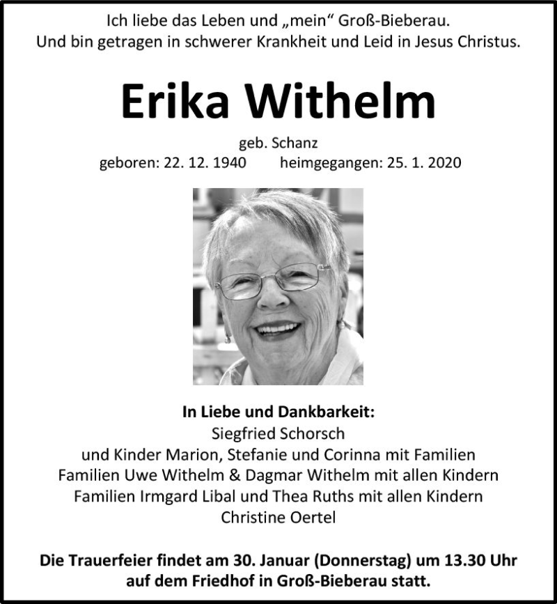  Traueranzeige für Erika Withelm vom 29.01.2020 aus vrm-trauer