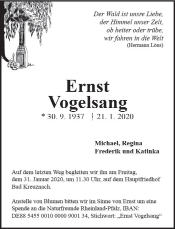 Traueranzeige von Ernst Vogelsang von vrm-trauer