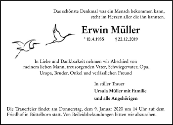 Traueranzeige von Erwin Müller von vrm-trauer