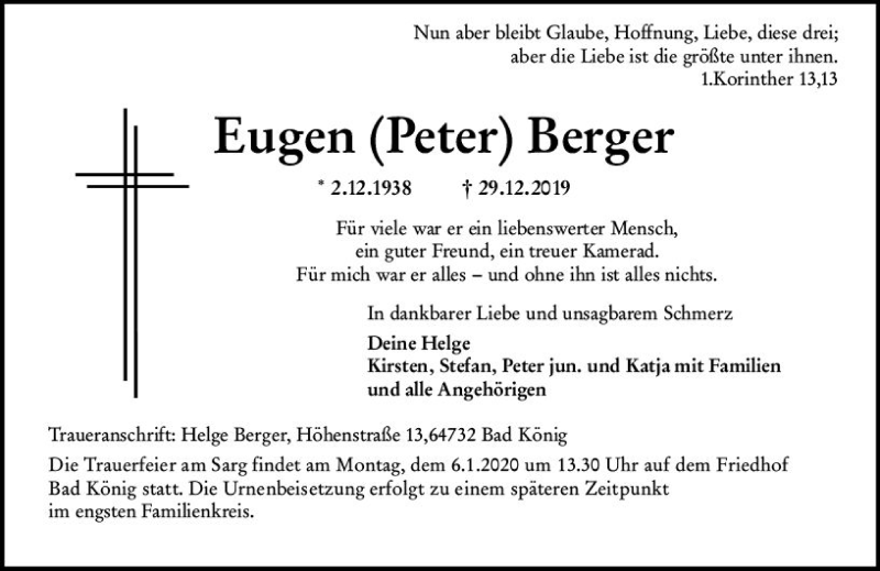  Traueranzeige für Eugen  Berger vom 04.01.2020 aus vrm-trauer