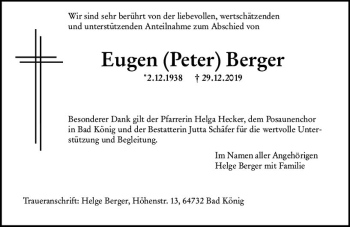 Traueranzeige von Eugen Peter Berger von vrm-trauer