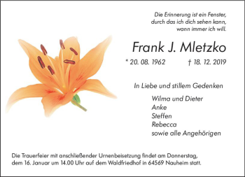 Traueranzeige von Frank J. Mletzko von vrm-trauer