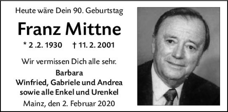 Traueranzeige für Franz Mittne vom 01.02.2020 aus vrm-trauer