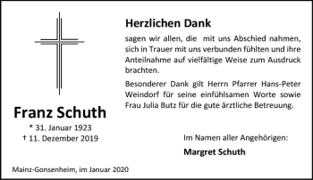 Traueranzeige von Franz Schuth von vrm-trauer