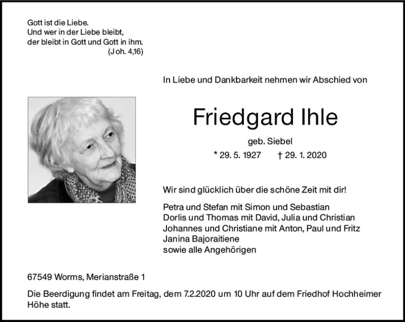  Traueranzeige für Friedgard Ihle vom 01.02.2020 aus vrm-trauer