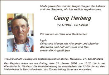 Traueranzeige von Georg Herberg von vrm-trauer