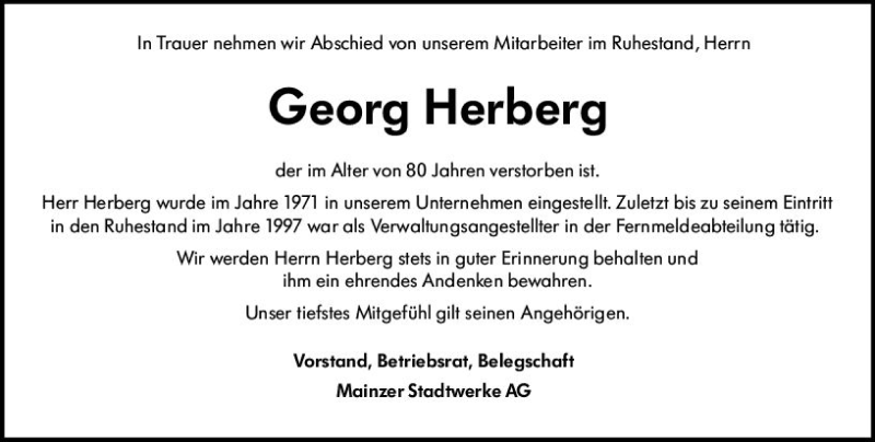  Traueranzeige für Georg Herberg vom 28.01.2020 aus vrm-trauer