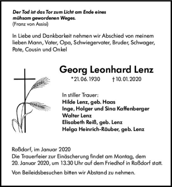 Traueranzeige von Georg Leonhard Lenz von vrm-trauer