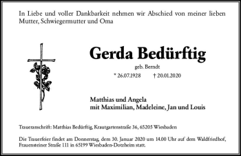 Traueranzeige von Gerda Bedürftig von vrm-trauer