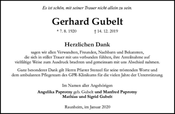 Traueranzeige von Gerhard Gubelt von vrm-trauer