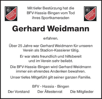 Traueranzeige von Gerhard Weidmann von vrm-trauer