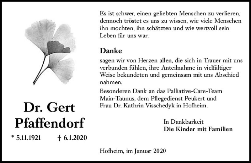  Traueranzeige für Gert Pfaffendorf vom 24.01.2020 aus vrm-trauer