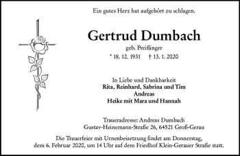 Traueranzeige von Gertrud Dombach von vrm-trauer