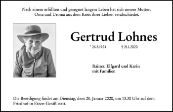 Traueranzeige von Gertrud Lohnes von vrm-trauer