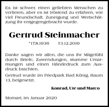 Traueranzeige von Gertrud Steinmacher von vrm-trauer