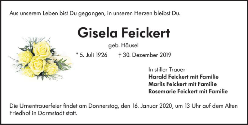 Traueranzeige für Gisela Feickert vom 04.01.2020 aus vrm-trauer