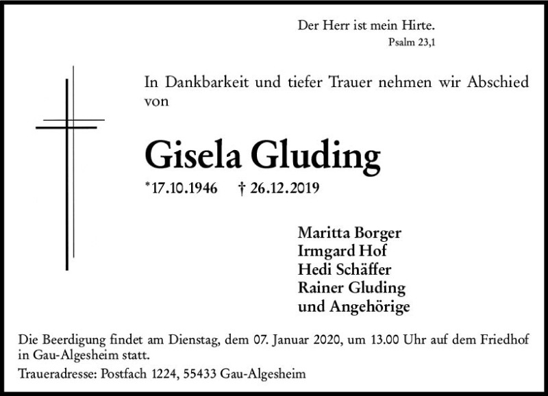  Traueranzeige für Gisela Gluding vom 03.01.2020 aus vrm-trauer