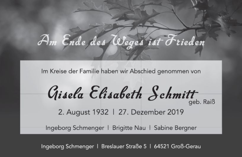  Traueranzeige für Gisela Elisabeth Schmitt vom 01.02.2020 aus vrm-trauer