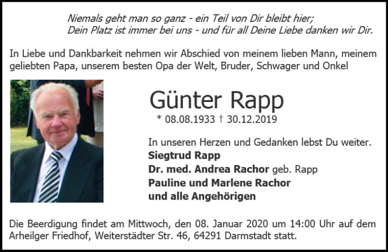  Traueranzeige für Günter Rapp vom 04.01.2020 aus vrm-trauer