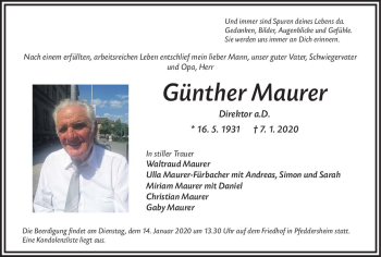 Traueranzeige von Günther Maurer von vrm-trauer