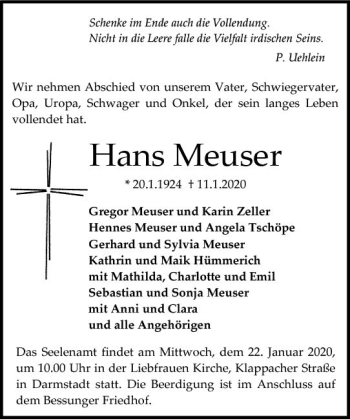 Traueranzeige von Hans Meuser von vrm-trauer
