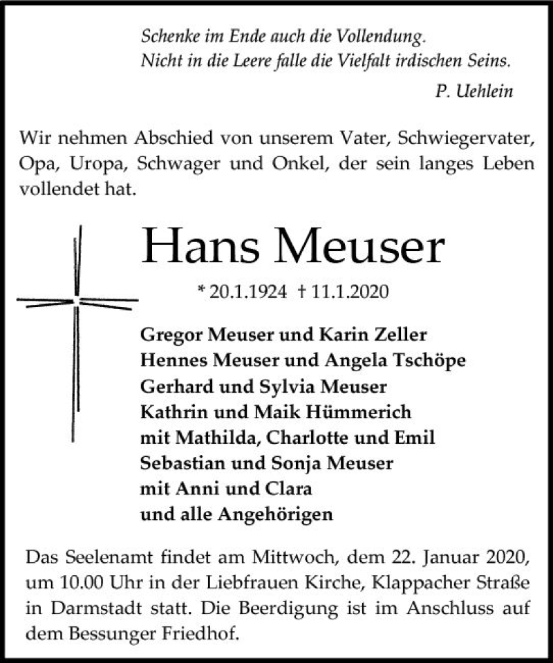  Traueranzeige für Hans Meuser vom 18.01.2020 aus vrm-trauer