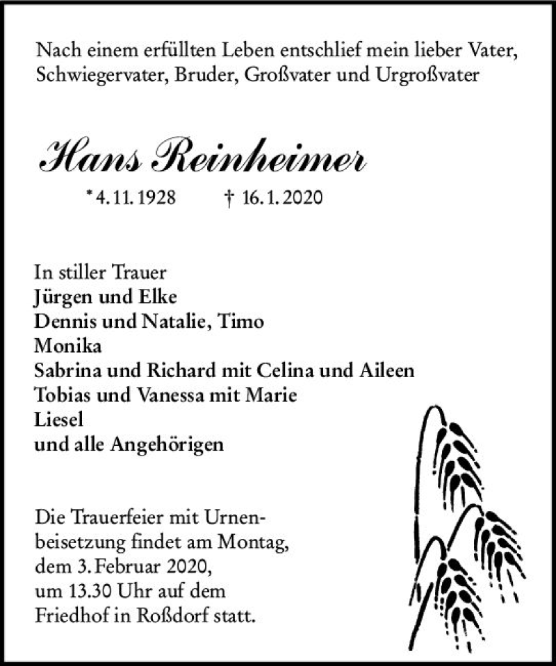  Traueranzeige für Hans Reinheimer vom 25.01.2020 aus vrm-trauer