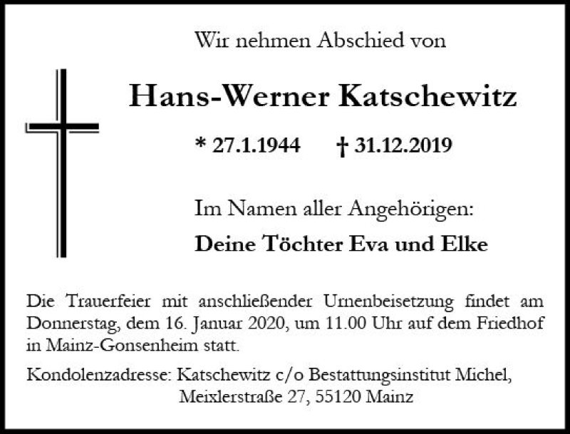  Traueranzeige für Hans-Werner Katschewitz vom 11.01.2020 aus vrm-trauer