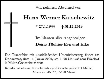 Traueranzeige von Hans-Werner Katschewitz von vrm-trauer