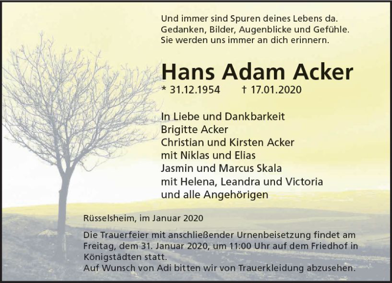  Traueranzeige für Hans Adam Acker vom 27.01.2020 aus vrm-trauer