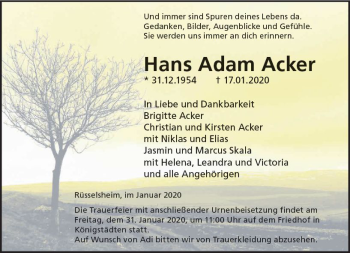 Traueranzeige von Hans Adam Acker von vrm-trauer