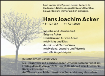 Traueranzeige von Hans Joachim Acker von vrm-trauer