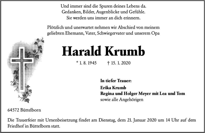  Traueranzeige für Harald Krumb vom 18.01.2020 aus vrm-trauer