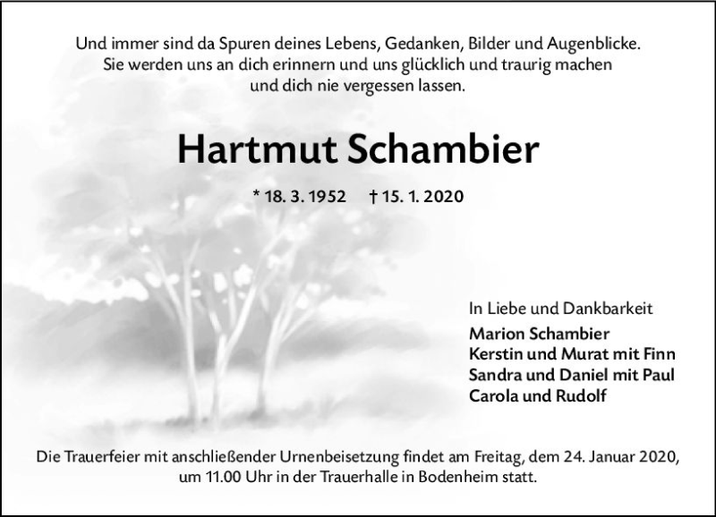 Traueranzeige für Hartmut Schambier vom 18.01.2020 aus vrm-trauer