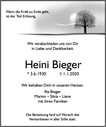 Traueranzeige von Heini Bieger von vrm-trauer