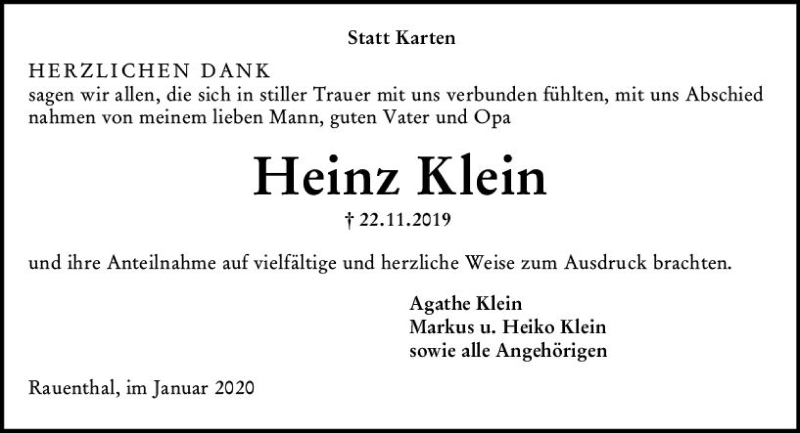  Traueranzeige für Heinz Klein vom 18.01.2020 aus vrm-trauer
