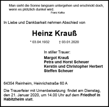 Traueranzeige von Heinz Krauß von vrm-trauer