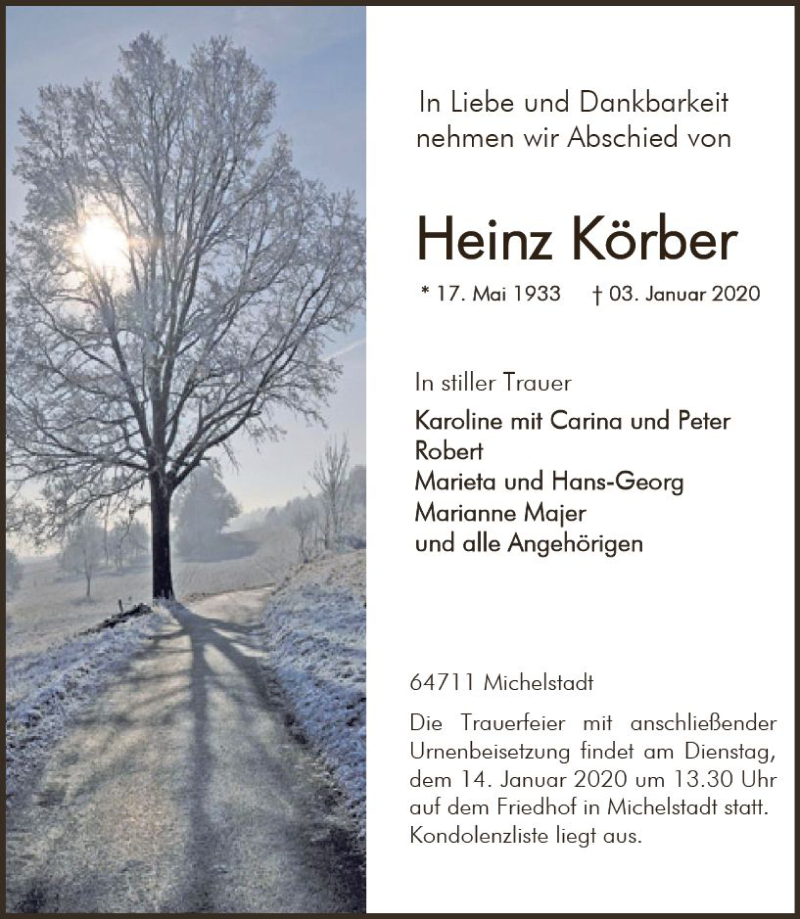  Traueranzeige für Heinz Körber vom 11.01.2020 aus vrm-trauer