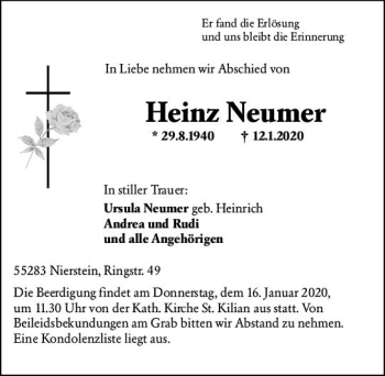 Traueranzeige von Heinz Neumer von vrm-trauer
