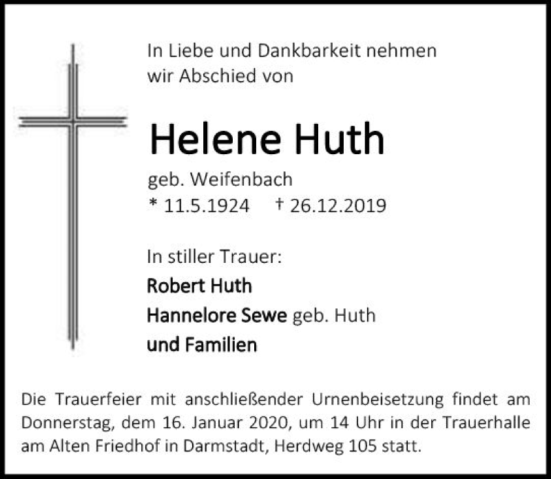  Traueranzeige für Helene Huth vom 11.01.2020 aus vrm-trauer