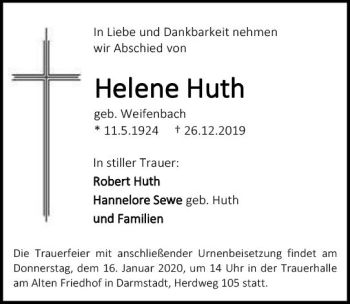 Traueranzeige von Helene Huth von vrm-trauer