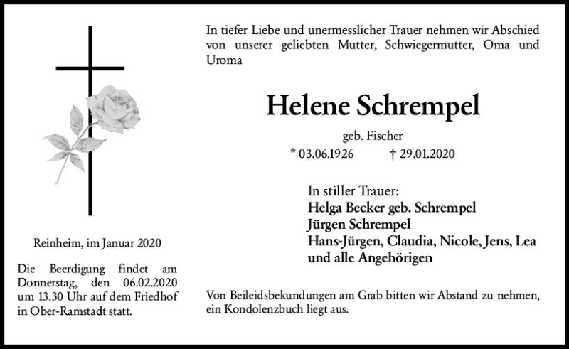  Traueranzeige für Helene Schrempel vom 01.02.2020 aus vrm-trauer
